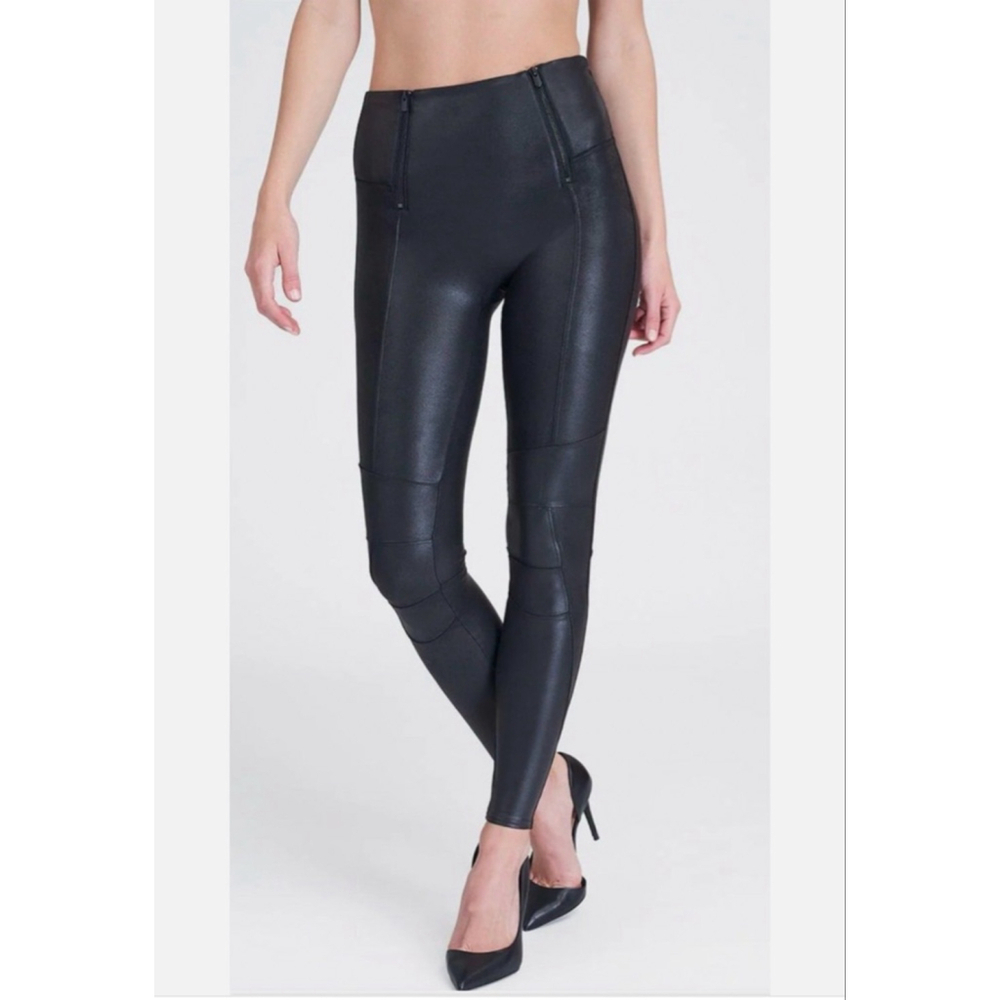 SPANX Women’s Black Faux Leather Hip Zip Leggings M New $128